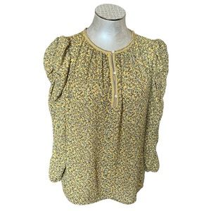Max Studio Yellow Floral Puff Sleeve Blouse Ruched Gathered Boho Top Medium